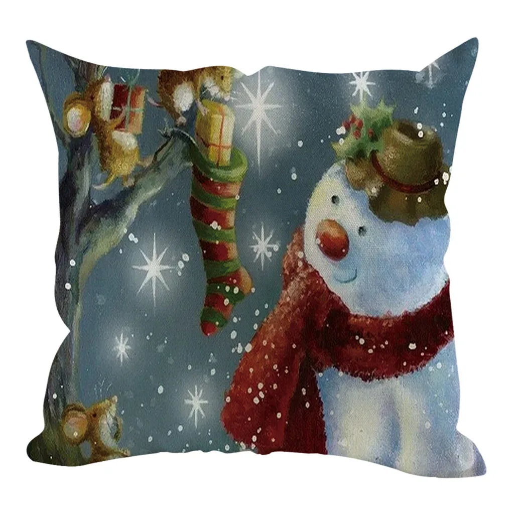 45cm x 45cm Winter Christmas Day Pillow Covers Polyester Snowman Printed Cushion Covers Home Sofa Throw Pillowcases Decoration