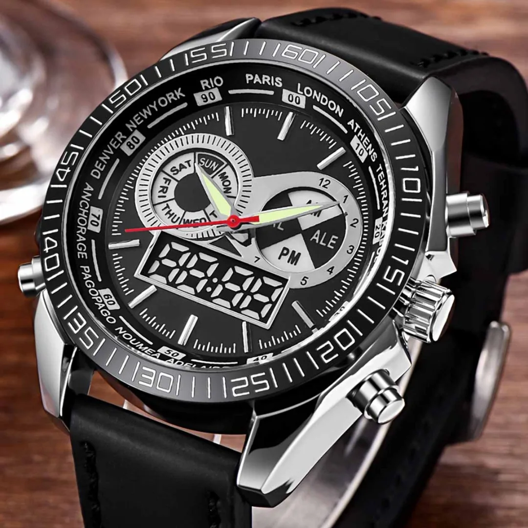 Genuine Leather Belt Men Watch Chronograph Watch LED Dual Time Analog Digital Sport Watch Waterproof Clock Montre Homme