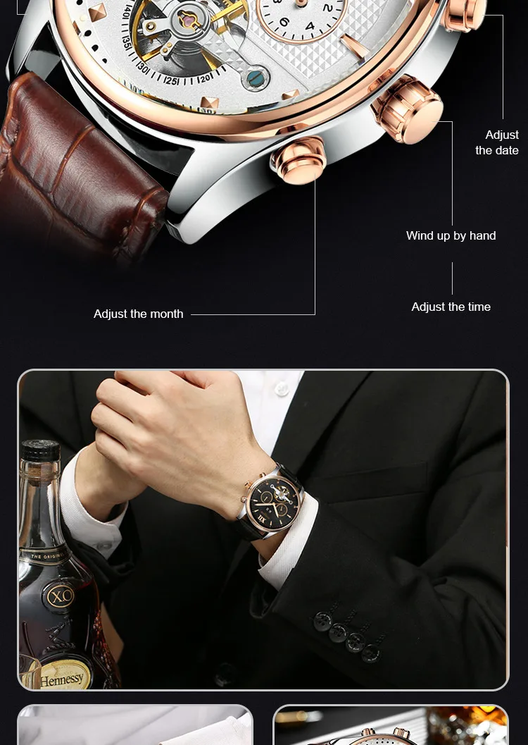 Kinyued Real Mechanical Watches Men Hot Fashion Automatic Tourbillon Leather Band Wristwatches Gold Reloges Skeleton Hand Watch