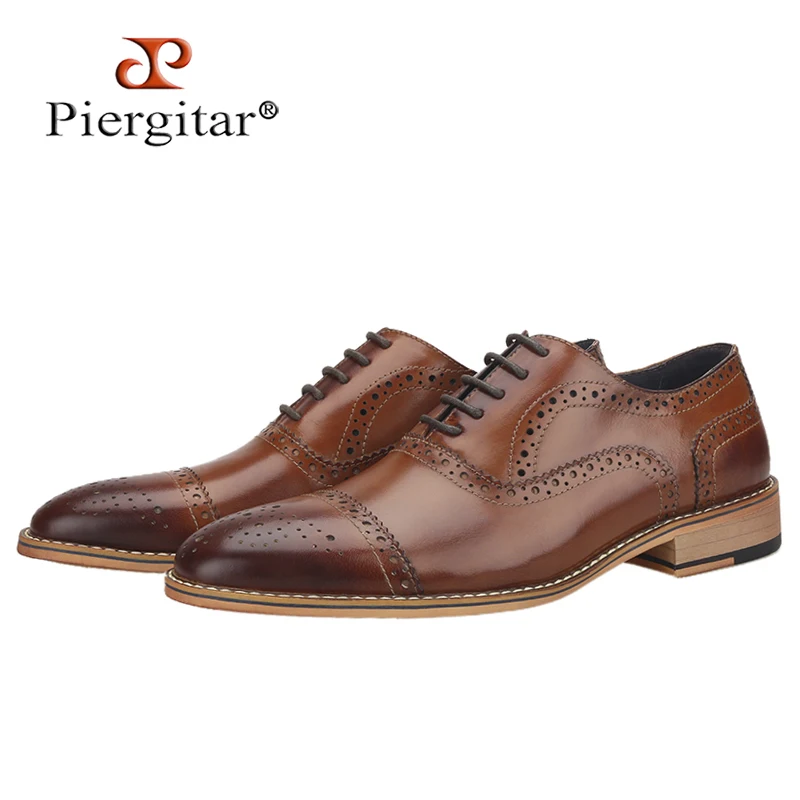 

Piergitar High Quality Men Oxfords Shoes Brown Brogue Shoe Handmade Genuine Leather Men's Dress Shoes Lace-Up Plus Size