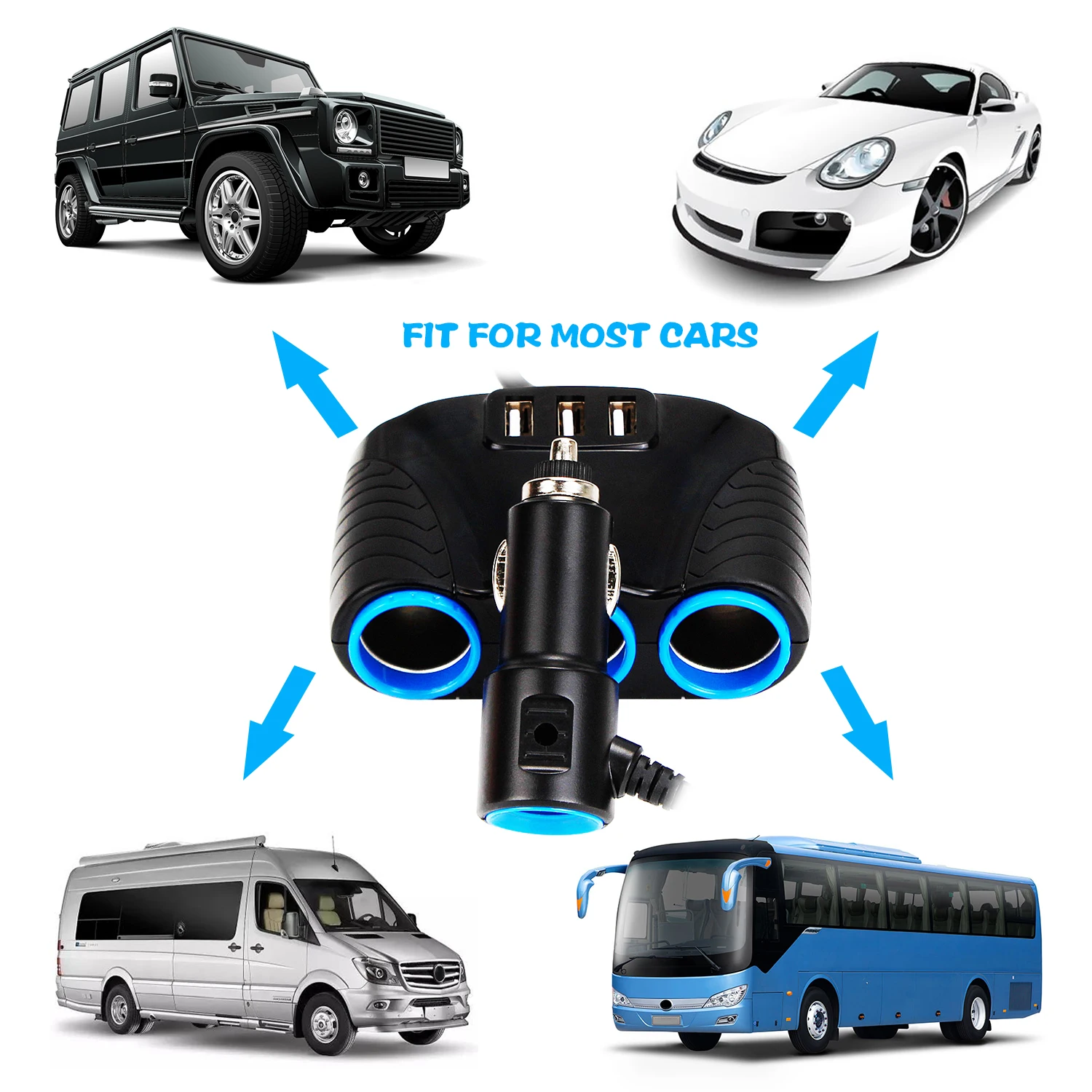 TOSPRA 3 USB Port 3 Way 3.1A Blue Led Car Cigarette Lighter Socket Splitter Hub Power Adapter 12V-24V For IPad Smartphone