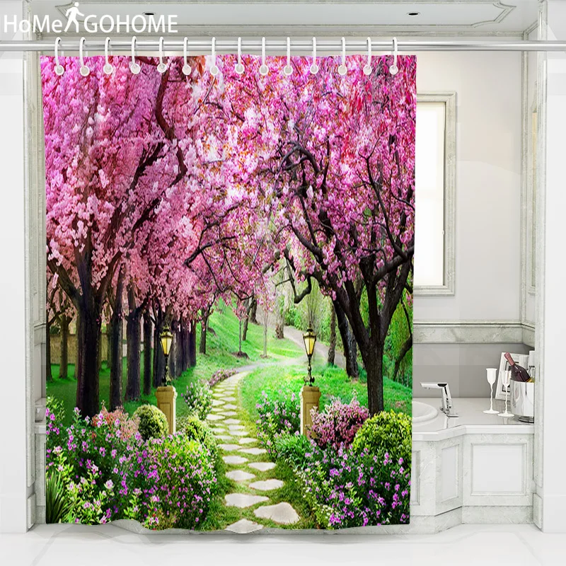 

Pink Flower Print 3D Shower Curtains Bathroom Shower Curtain Waterproof Bath Screens Home Decorations Multi-size Shower Curtains