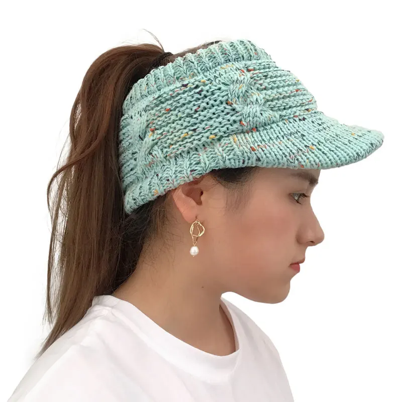 Light blue Шапка-бини с хвостом Женская Зимняя кепка мягкая теплая вязаная шапка женская пустой головной убор с отверстиями модный шерстяной трикотаж - Цвет: Light blue