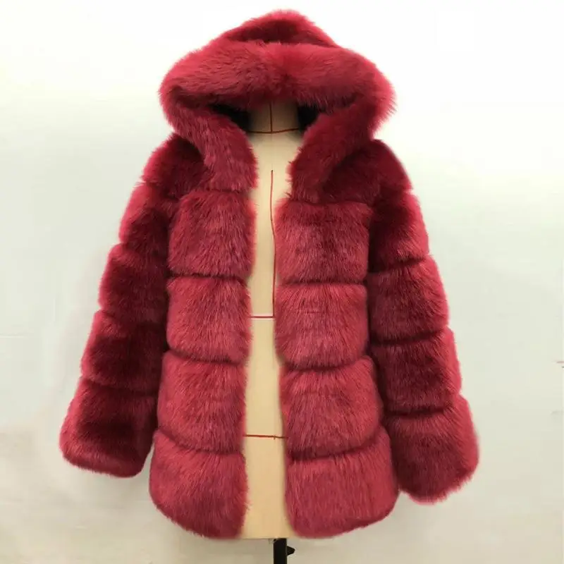 Модное пальто с капюшоном из искусственного меха - Цвет: Красный