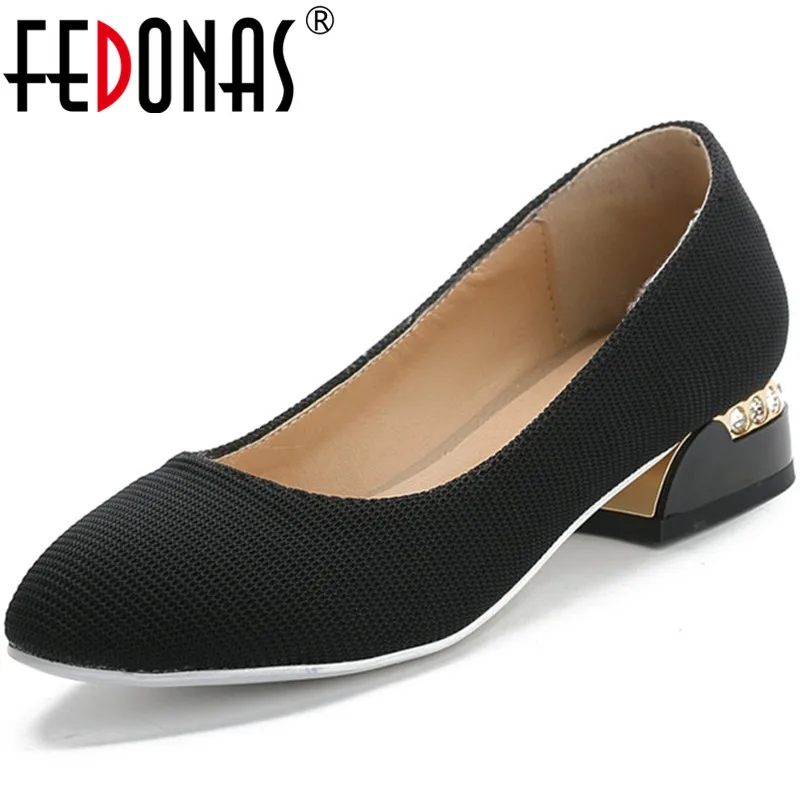 

FEDONAS Women Spring Summer Working Office Concise Thick Heels Pumps Rhinestone Pointed Toe Shoes Metal Decoration Shoes Woman