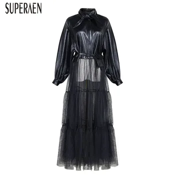

SuperAen Europe Long Sleeve Mesh Stitching Leather Jackets Female 2019 Autumn and Winter New Women Jackets Wild Slim Women Coats