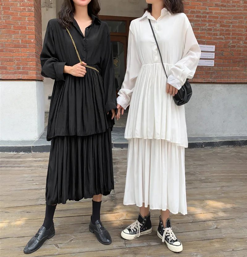 Women Solid Dress Harajuku Pleated Ladies Midi Casual A-Line Chic Fashion High Waist Turn-down Collar Sweet | Женская одежда