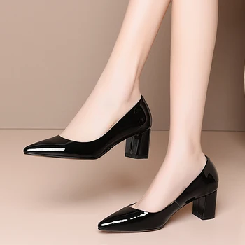

Women Pumps Fashion square Toe Genuine Leather square High Heels Shoes Spring Summer Wedding Shoes Woman Party Pumps
