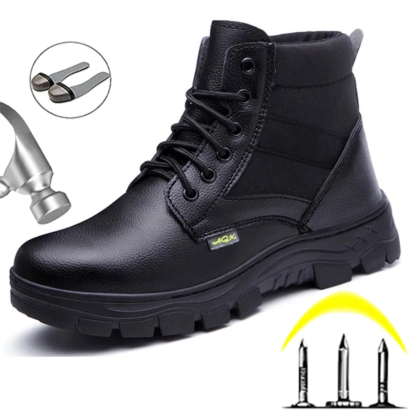 Zapatos de seguridad de cuero para hombre, botas de trabajo a prueba de perforaciones, zapatos de punta de acero, zapatos industriales de seguridad, botas de invierno indestructibles