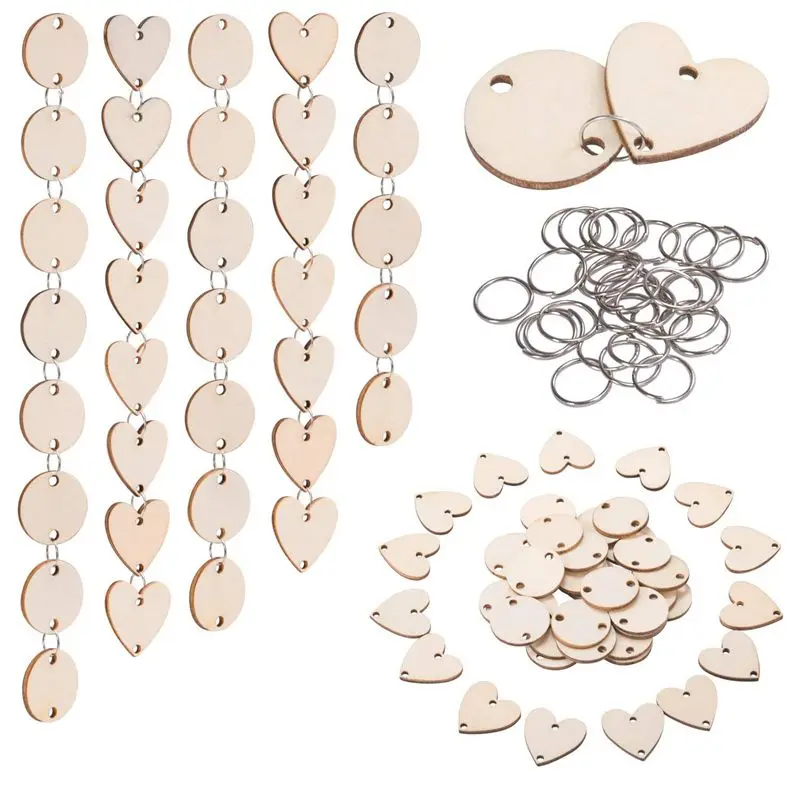 

200 Pieces in Total, Wooden Circles Wooden Heart Tags with Holes and 12 mm Rings for Birthday Boards, Valentine, Chore Boards, A