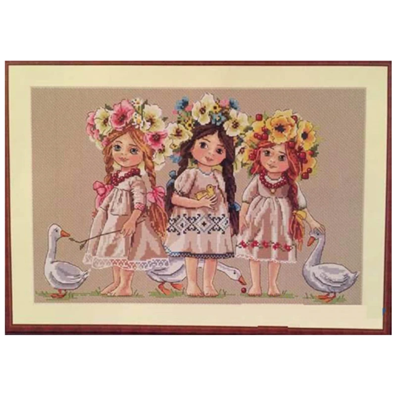 Young girls cross stitch kit flower goose 14ct cloth light blue flaxen fabric canvas embroidery DIY handmade needlework cross stitch kit embroidery fabric