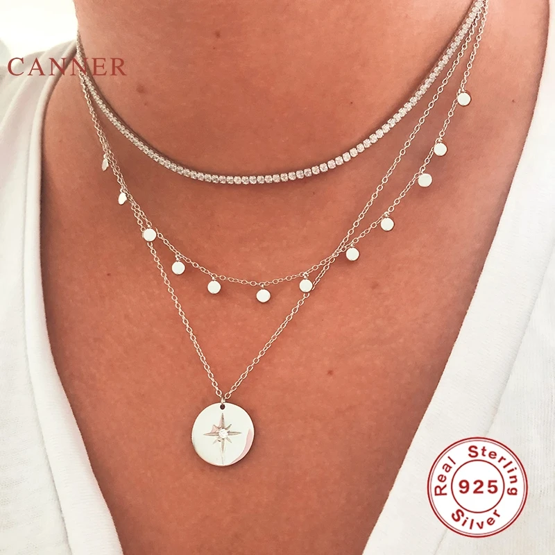 CANNER 925 Sterling Silver Necklace For Women 2020 Jewelry Round Card Eight-pointed Star Geometric Eyes Chain Choker Pendant - Image 4