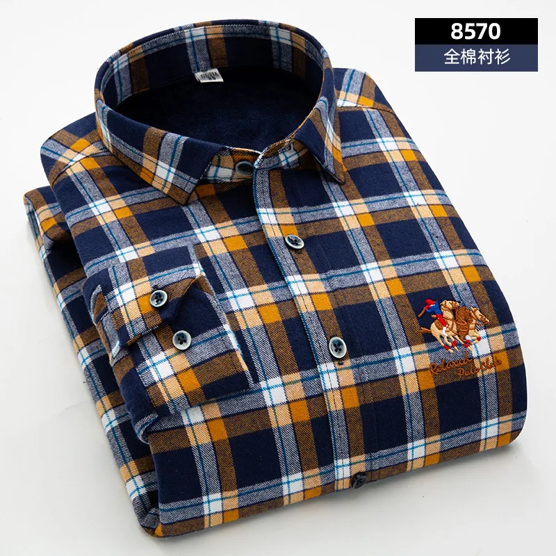 8570 Men Warm Shirt Высококачественная Мужская одежда, рубашки, немецкая теплая зимняя окрашенная пряжа, чистый хлопок, мужская клетчатая рубашка, плотный бархат - Цвет: 8570 Men Warm Shirt