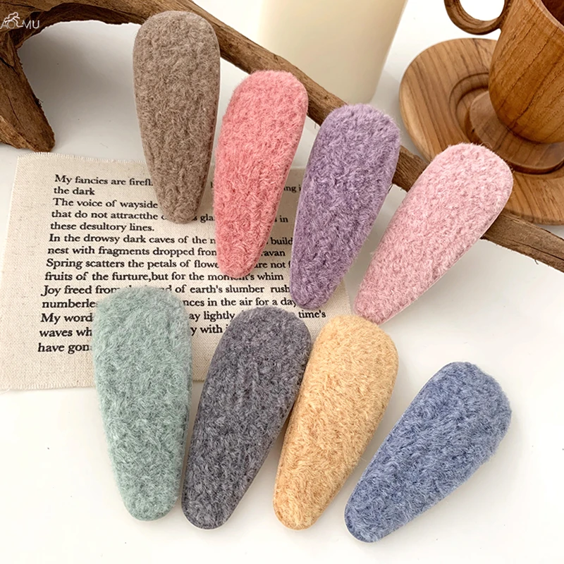 

AOMU 1PC Korea Candy Color Plush Faux Fur Hair Clips BB Clips for Girls Geometric Waterdrop Women Hairpin Hair Accessories