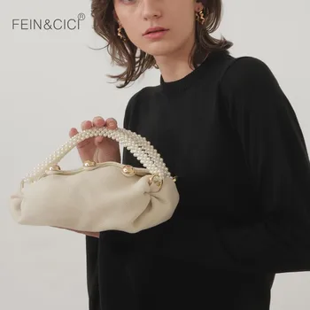 

Beaded pearls handle Satin totes handbag retro vintage small party dumpling top-handle bag 2020 summer new