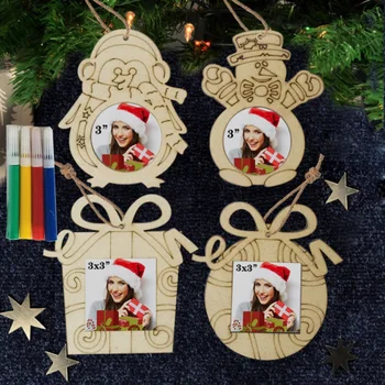 

Christmas Unfinished Wooden Photo Frame Christmas Pendant Ornaments DIY Paintable Xmas Hanging Pendants Art Crafts With Painting