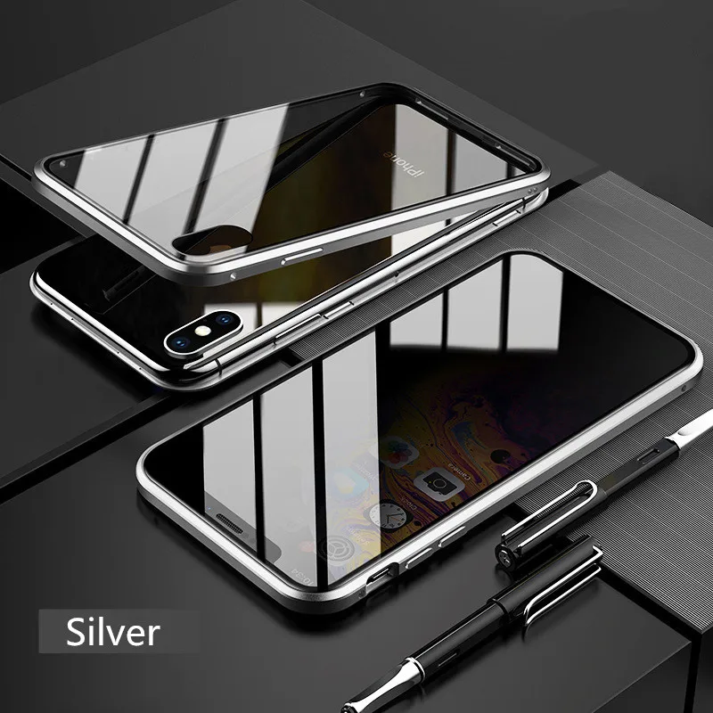 Конфиденциальности магнитное закаленное стекло металлический чехол для iPhone X Xr Xs Max 8 7 Plus защищающий от подсматривания 360 градусов полный защитный чехол для телефона - Цвет: Silver