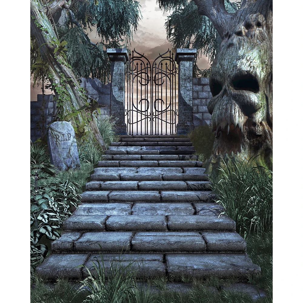 

Halloween Horrible Cemetery Photography Backdrop Terrorist trees Grimace Iron gate Photo Background Vinyl Photo Studio Props