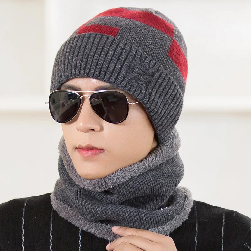 wine hat set Комплект из 2 предметов, зимняя шапка и шарф, набор для Для мужчин вязать шапочки вязаные шарфы Кепки из толстого плюша; теплая зимняя куртка на хлопковом подкладе для мальчиков головные уборы наборы - Цвет: wine hat set