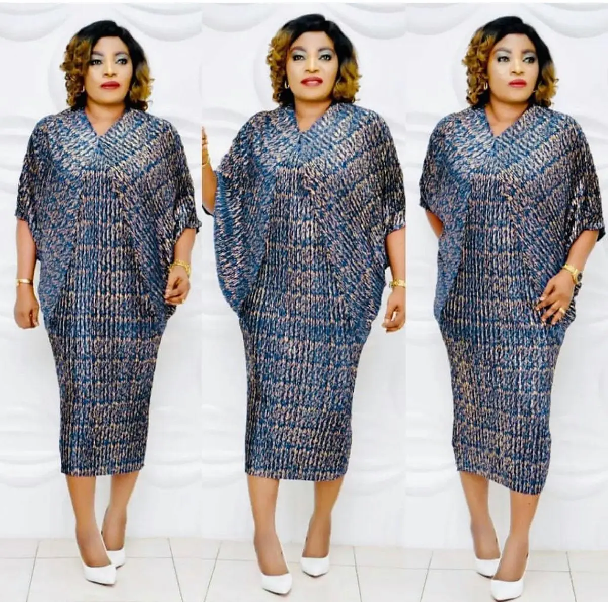 

African national style qiu dong women's wear hot sale issey miyake gilding heavy industry pleated V collar bat sleeve loose seni