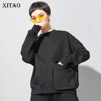 

XITAO Personality Big Pocket T Shirt Women Plus Size Women Clothes 2020 Spring New Harajuku Trend Tee Black Wild Tshirt DMY2270