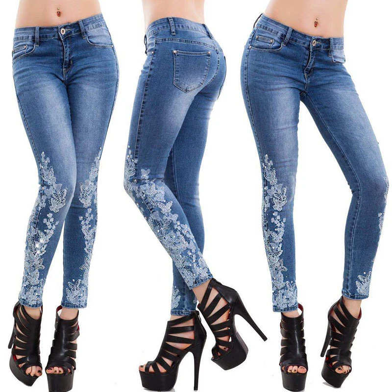 plus size women embroidery long jeans blue denim pencil pants skinny high waist autumn with pockets streetwear vaqueros mujer