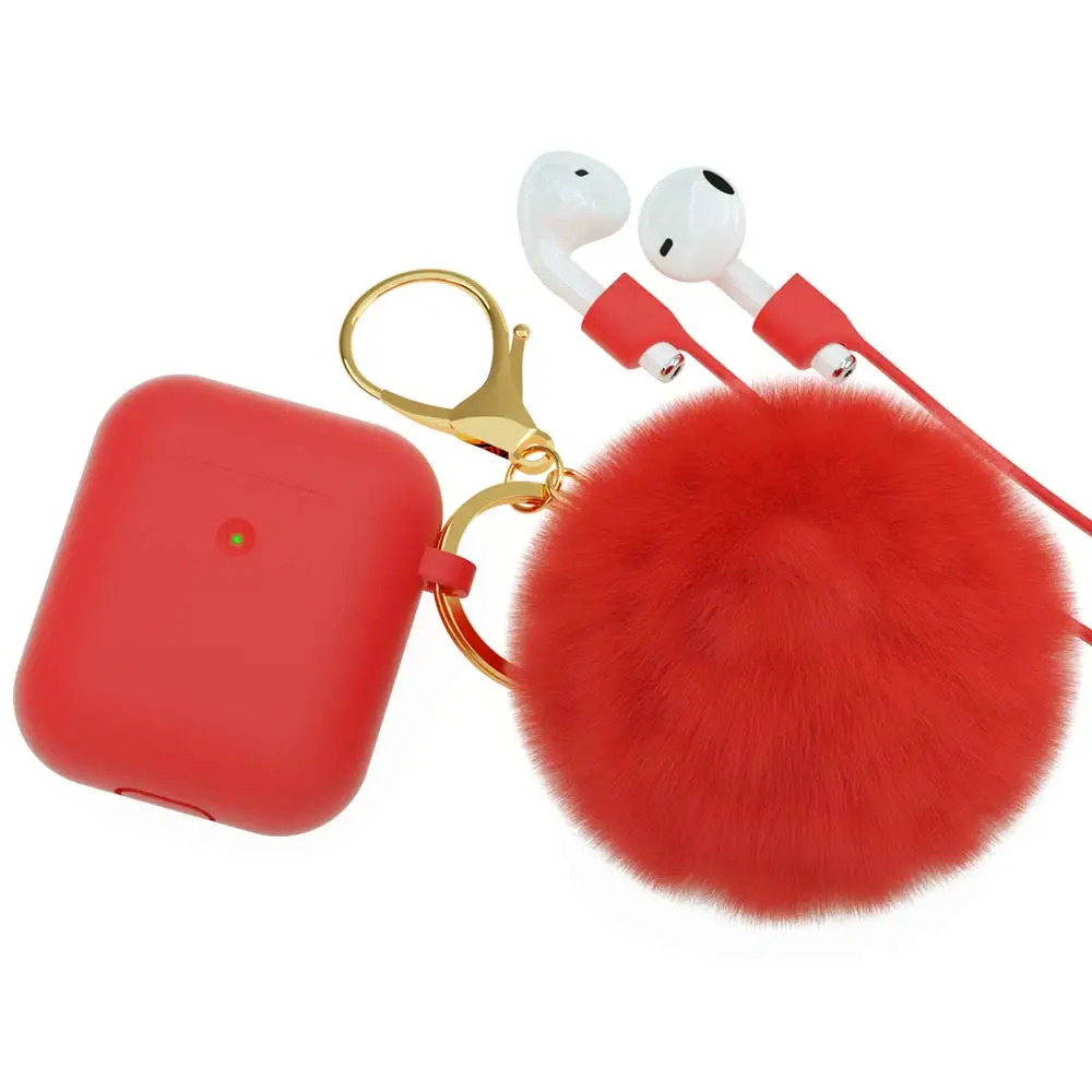 Protective Case multi colors with lost-proof and Keychain hooks lovely hair ball Silicone Bluetooth Earphone For airpods 1 2