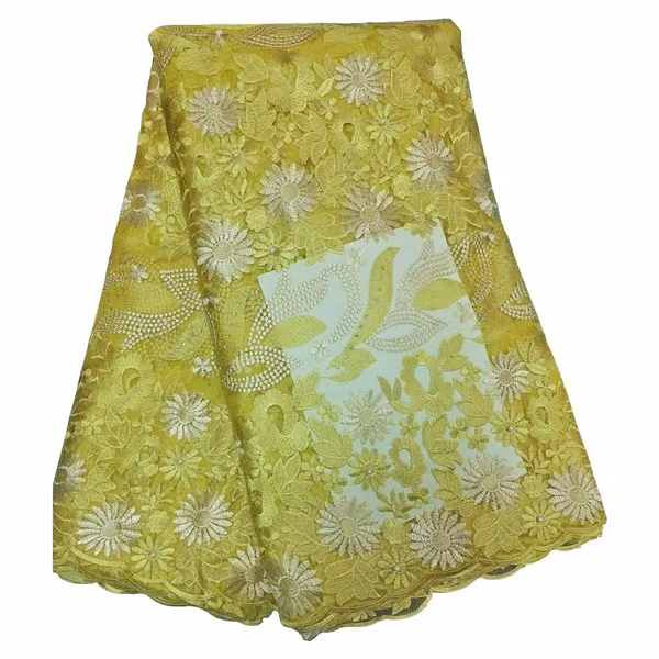 yellow Последняя африканская бисерная кружевная ткань французская Цветочная кружевная ткань для свадебной вечеринки нигерийские кружева вуаль ткань 5 ярдов/партия - Цвет: yellow