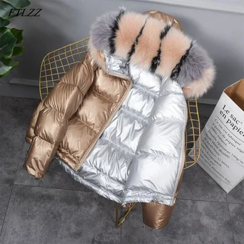 

FTLZZ New Gold Silver Double Side Down Coat Winter Jacket Women Big Aritificial Fur White Duck Down Parkas Female Down Outerwear