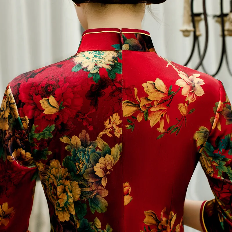 С принтом три четверти рукав cheongsam женское платье вечернее платье бархат vestidos китайское платье свадебное платье Размер M-4XL