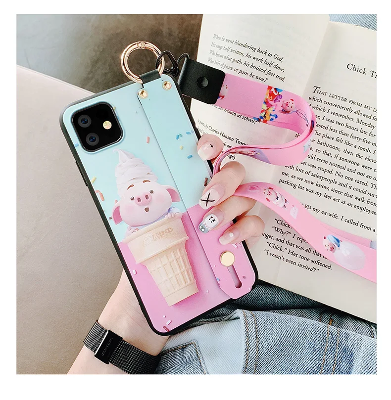 For iphone 11 Cute Avocado Wrist Strap phone Case for iphone 11 pro max Cartoon CAT silicone Rabbit Back cover+ strap - Цвет: As shown in