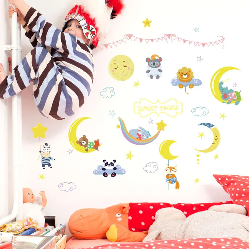 Panda Moon Sleeping Bear Lion bedroom living room children's background wall stickers refrigerator decoration | Дом и сад