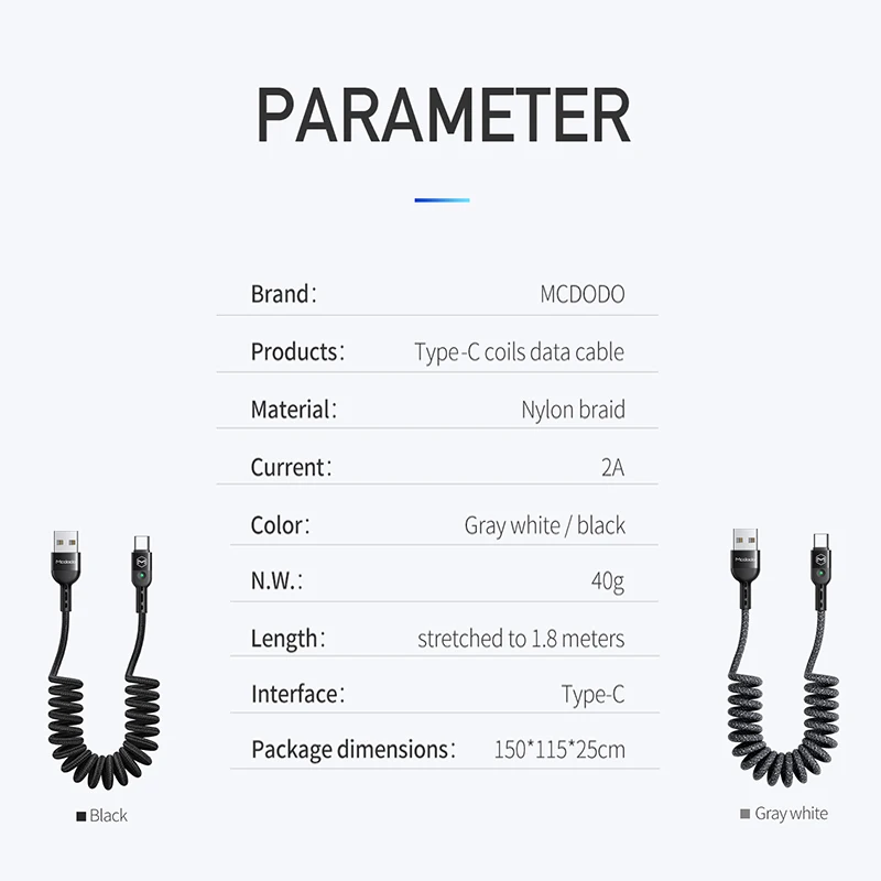 Mcdodo 1,8 м пружинный удлинитель стационарный usb type-C кабель для samsung huawei P30 Pro Xiaomi Phone QC4.0 быстрое зарядное устройство USB кабель для передачи данных