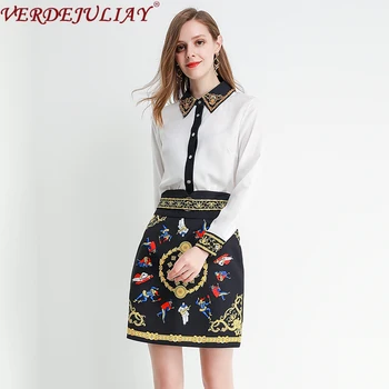 

VERDEJULIAY 2020 Autumn Women Set Runway Fashion Designer Long Sleeve Gorgeous Beading Blouses+Printed Mini Skirt Lady Suits