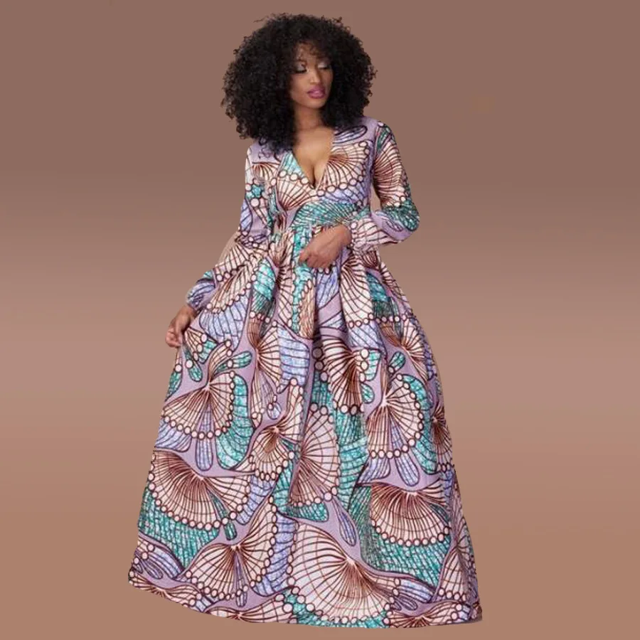 african fashion designers 2021 Latest Robe Wax African Clothes For Women Large Swing Skirt Long Sleeve High Waist V-Neck Ethnic Maxi Dress african wear