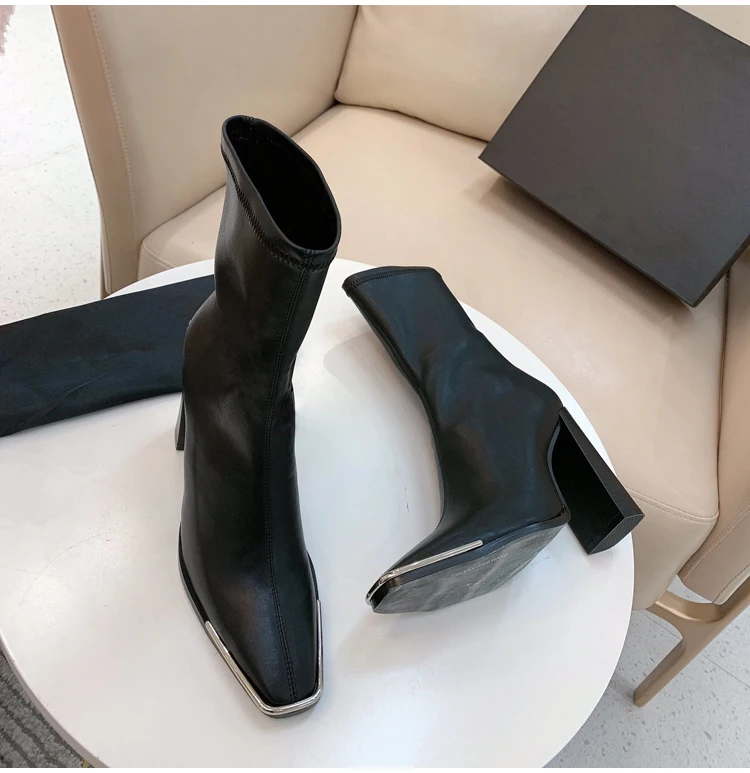 Stretch Mid-Calf Boots For Women 10cm Chunky High Heels Shoes Fashion Metal Square Toe Party Patent Leather Boots