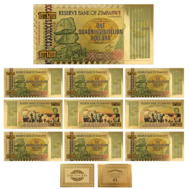 Zimbabwe$ Z100 триллион/100 кинтриллион/5 октиллион/100 декальон долларовые банкноты из золотой фольги реплики банкнот Бумажные деньги бизнес подарок - Цвет: Quadringcentillion