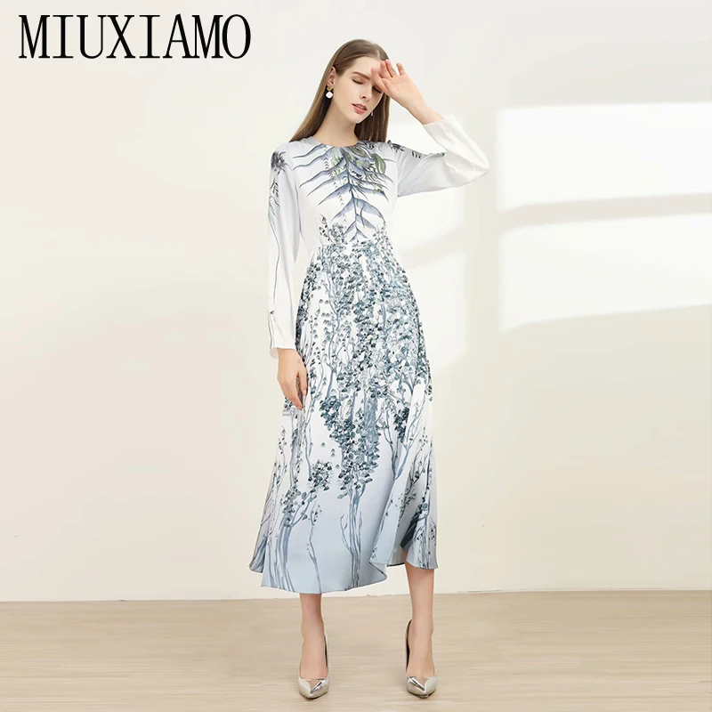 MIUXIMAO, высокое качество,, подиум, дизайнерское, весеннее платье, o-образный вырез, с принтом в виде листьев, элегантное, повседневное, Пляжное платье, длинное платье для женщин, vestidos