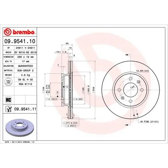 Диск тормозной HYUNDAI GETZ 1.1-1.6 02- с абс передний BREMBO 09