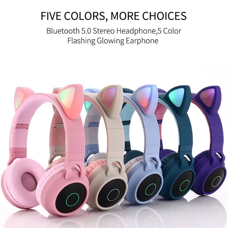 Foldable 5 0 LED cat ear Bluetooth headset for kids and young noise canceling headphone TF card holder 3 5mm plug with mic