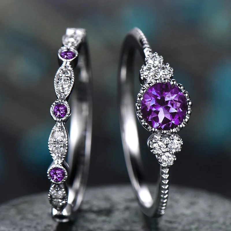 2 шт./компл. роскошные женские кольца с голубым фиолетовым камнем и кристаллами
