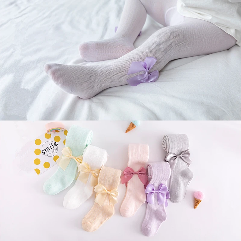 

Breathable Infant Baby Girls Tights Summer Knitted Cotton Baby Toddler Stockings Soft Cute Solid Bowknot Pantyhose For Girl