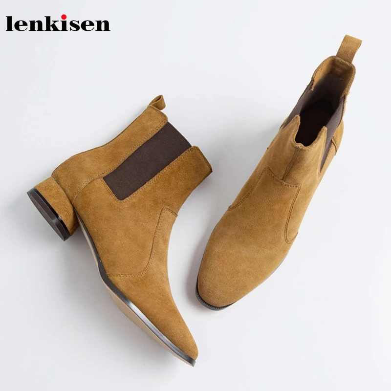 

Lenkisen Korean style genuine leather round toe med heels daily wear basic winter office lady keep warm women ankle boots L00