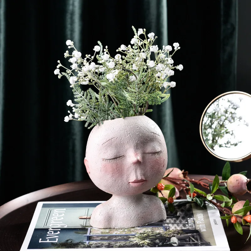 Chic Human Head Dry Flower Vase Planter Cactus Pot Bar Desktop Sculpture 