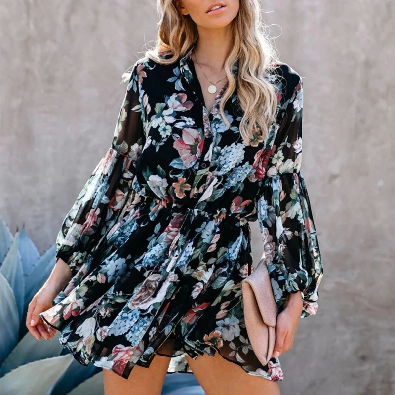 

Women Ruffles Floral Printed Lace Up Waist Dress 2020 Autumn Lantern Sleeve Pleated Asymmetrical Buttons Sundress Short Dress
