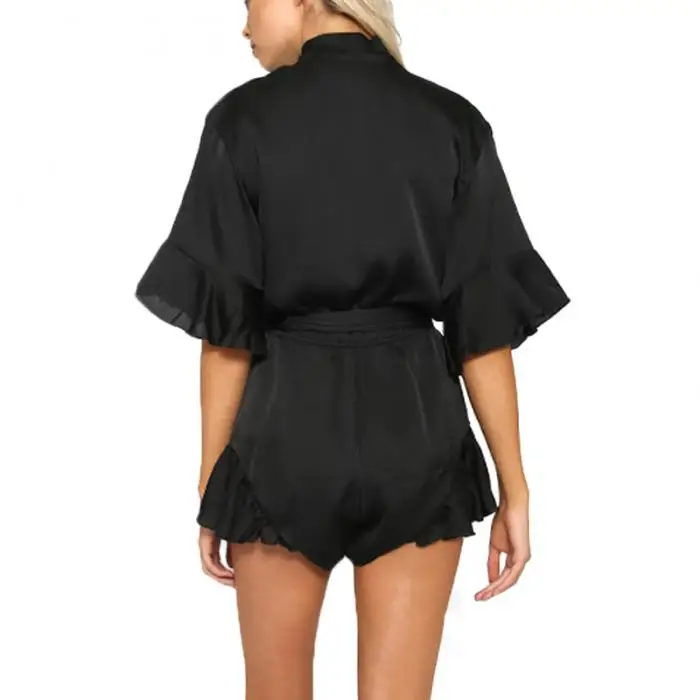 Pop Summer Women Sexy Jumpsuit With Belt Deep-V Elbow Sleeve Ruffle Smooth Solid Color Casual Romper Pop 88