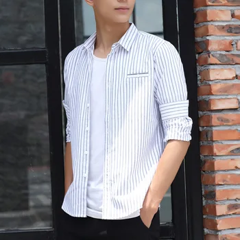 

Autumn Youth Slim Left Chest Digging Bag Striped Shirt Men's Slim Hem Patch Long-sleeved Professional Shirt