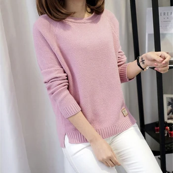 

Women Sweater Simple Casual Long-sleeved Round Neck Sweater Loose Style Solid Color Knit Bottoming Top