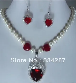 

NEW 7-8mm White Akoya Cultured Pearl & heart red crystal zircon Necklace earring 18"