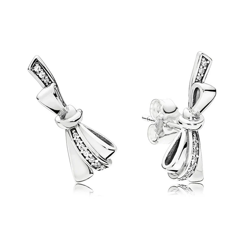 

Original Brilliant Bow With Crystal Studs Earring For Women 925 Sterling Silver Earring Wedding Party Gift Fine Pandora Jewelry